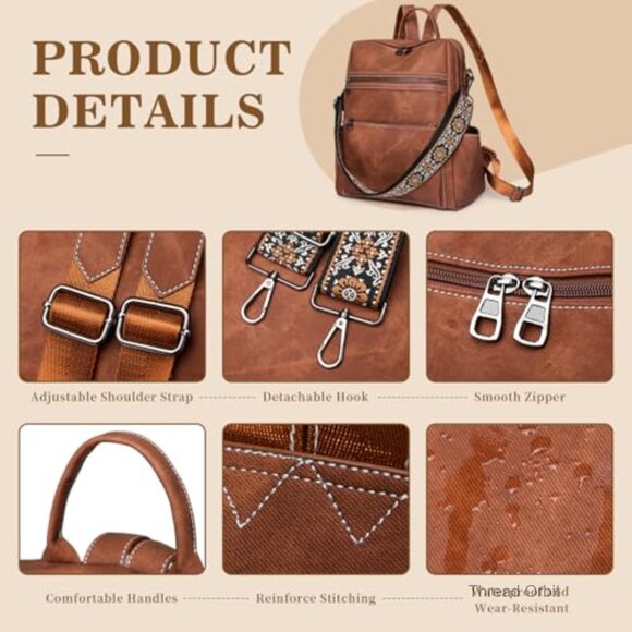 PU Leather Waterproof Anti-Theft Backpack Purse with 8 Pockets and Clutch